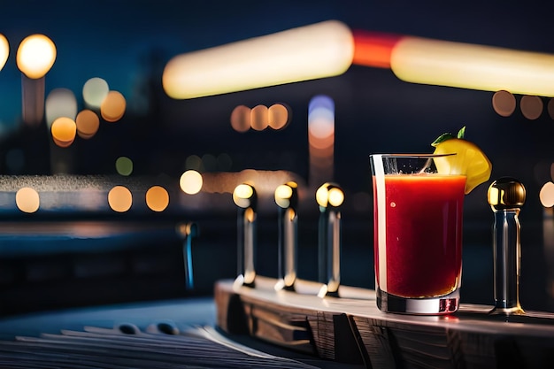 A glass of cocktail with a candle in the foreground