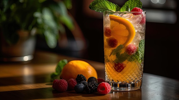 A glass of a cocktail with a fruit and a lemon on the side