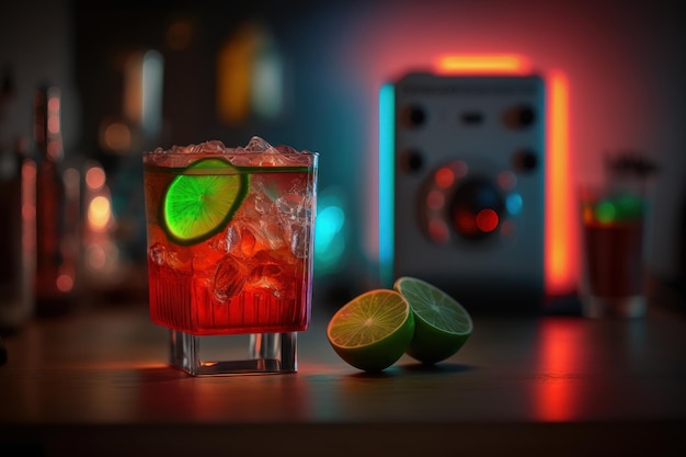 A glass of cocktail with glowing light background Created with Generative Ai