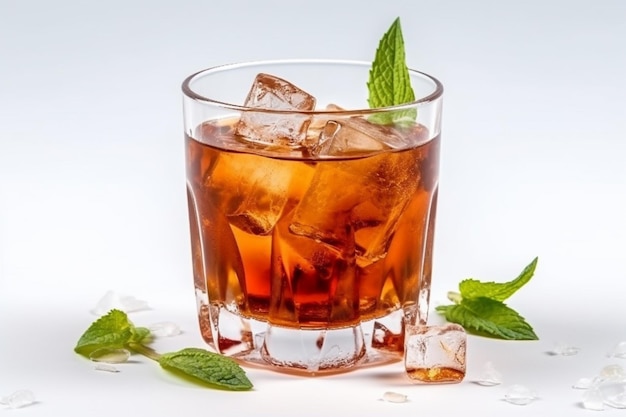 A glass of cocktail with ice and mint leaves on the side.
