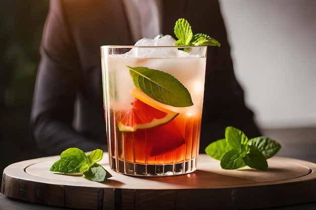 A glass of cocktail with ice and mint leaves