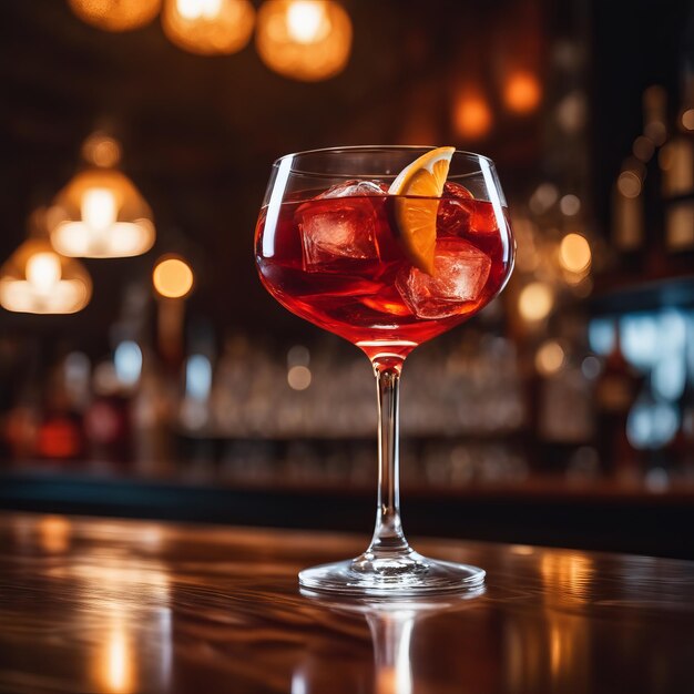 Photo glass of cocktail with ice and orange on bar counter blurred background glass of cocktail with