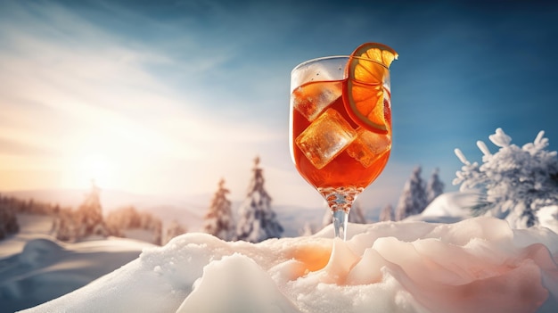 A glass of cocktail with ice and a snowy landscape in the background