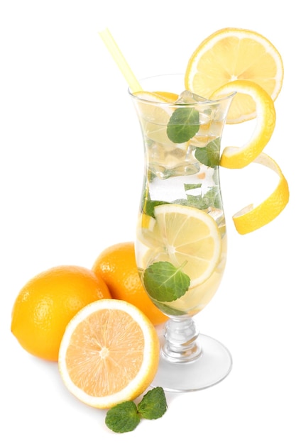 Glass of cocktail with lemon and mint isolated on white