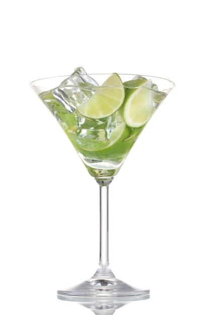 Glass of cocktail with lime and mint isolated on white