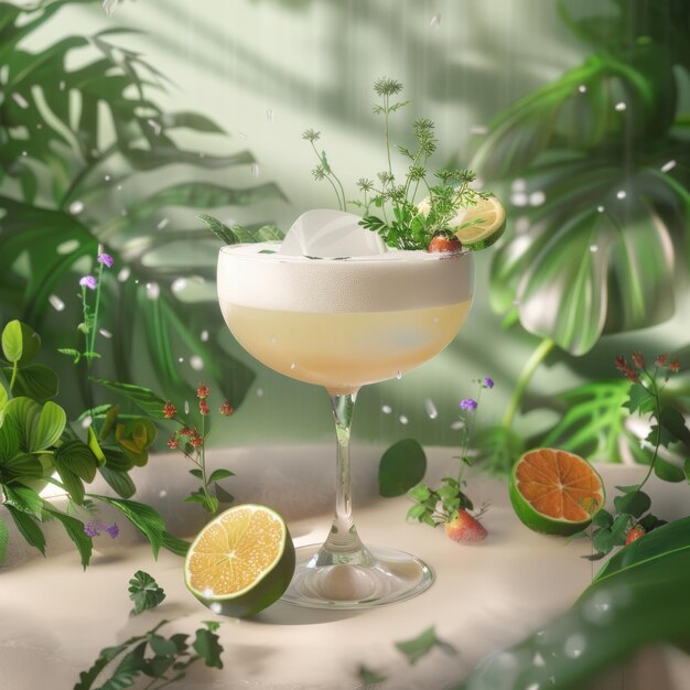 Photo a glass of cocktail with a lime slice on top and a few other fruits on the table