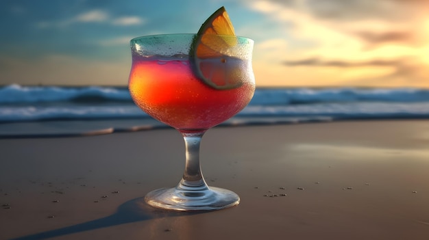 A glass of cocktail with a lime wedge on the beach