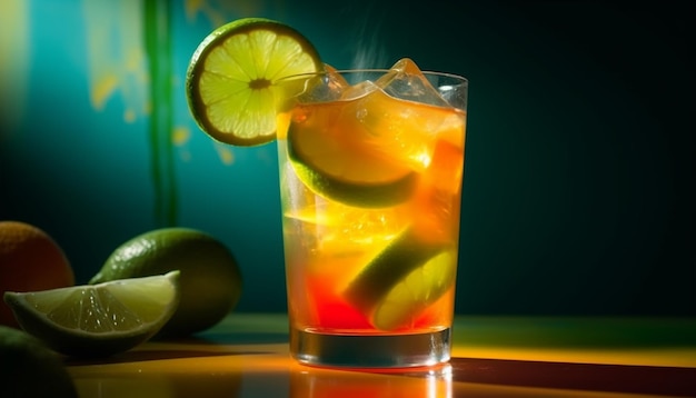 A glass of cocktail with limes on it