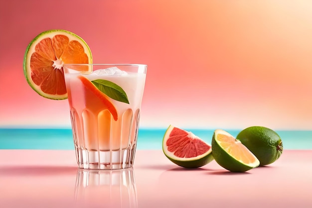 A glass of cocktail with limes and oranges.