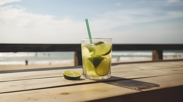 A glass of cocktail with limes on a table