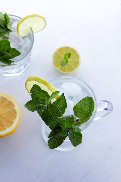 Glass of cocktail with mint and citrus fruits on a light background Fresh healthy cold lemon beverage Water with lemon Closeup