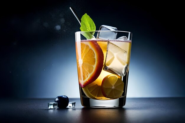 A glass of cocktail with an orange slice and a blueberry on the rim