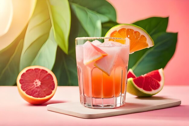 A glass of cocktail with oranges and a slice of lemon