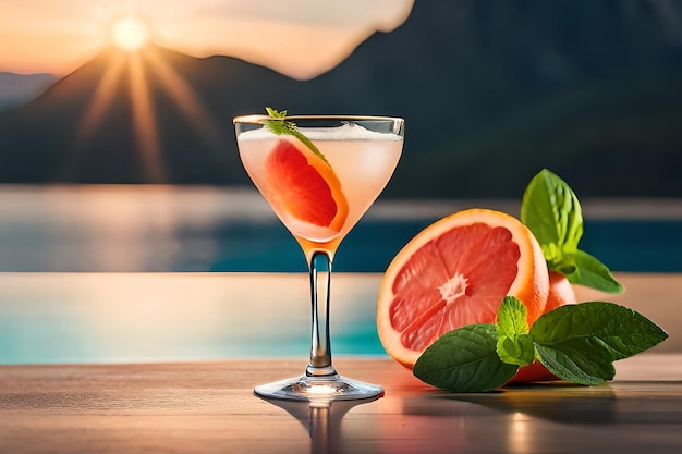 a glass of cocktail with a slice of grapefruit and a slice of grapefruit.