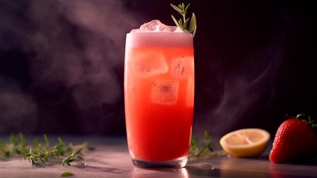 A glass of a cocktail with a sprig of rosemary on the rim.