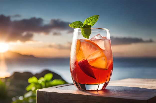 A glass of cocktail with a straw and mint leaves on the side