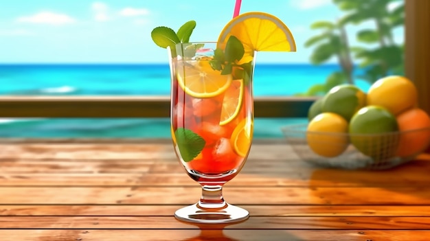A glass of cocktail with a straw and oranges on a table next to a beach