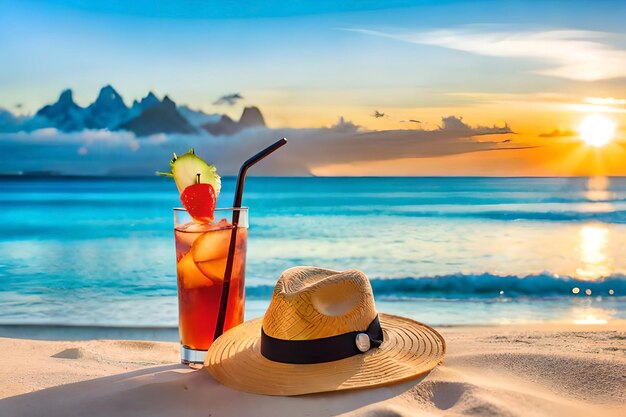 A glass of cocktail with a straw and a straw on the beach