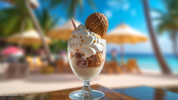 A glass of coconut ice cream with a scoop of coconut ice cream on a table in front of a beach.