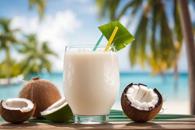 Photo glass of coconut juice with blurred coconut tree background