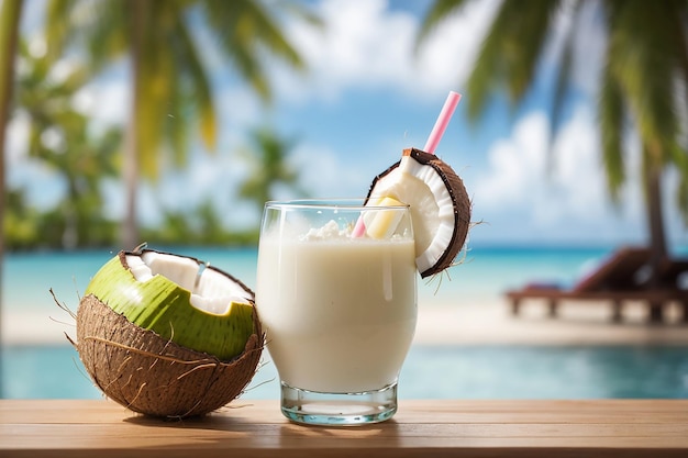 Foto un bicchiere di succo di cocco sullo sfondo sfocato dell'albero di cocco