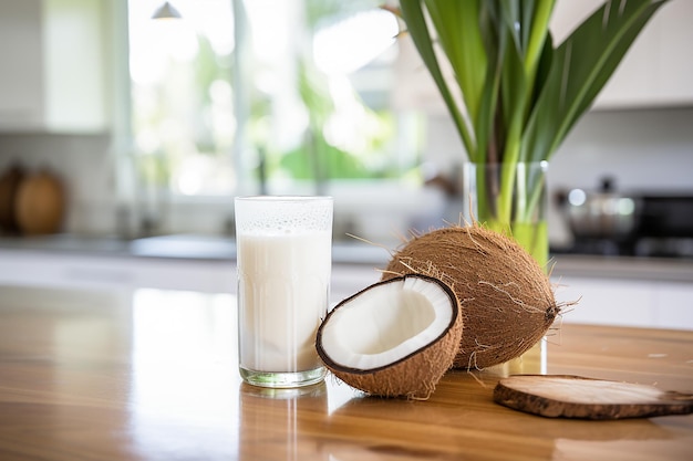 A glass of coconut milk on the table closeup next to the coconuts