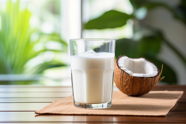 A glass of coconut milk on the table closeup next to the coconuts