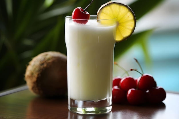 A glass of coconut milk with a cherry on the top