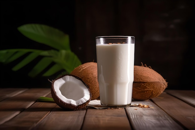 A glass of coconut milk with coconuts on a wooden table