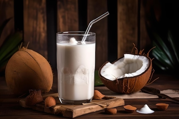 A glass of coconut milk with a straw on a wooden table