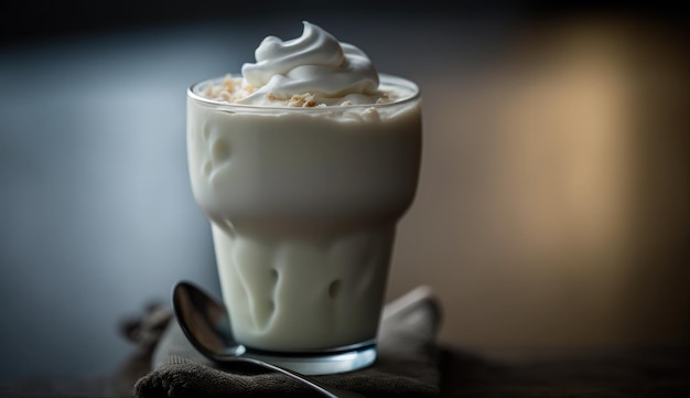 A glass of coconut milkshake with whipped cream on top