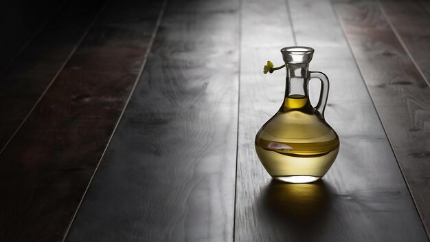 Glass of coconut oil put on wooden dark floor