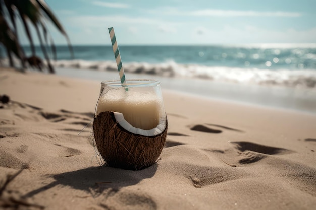 Стакан кокосовой воды с соломинкой на пляже Генеративный AI