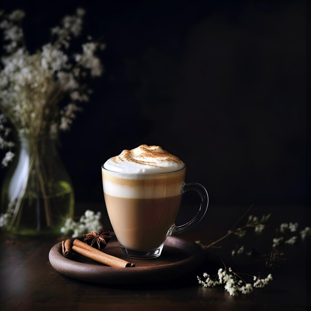 Glass of coffee latte on dark background with copy space AI generated