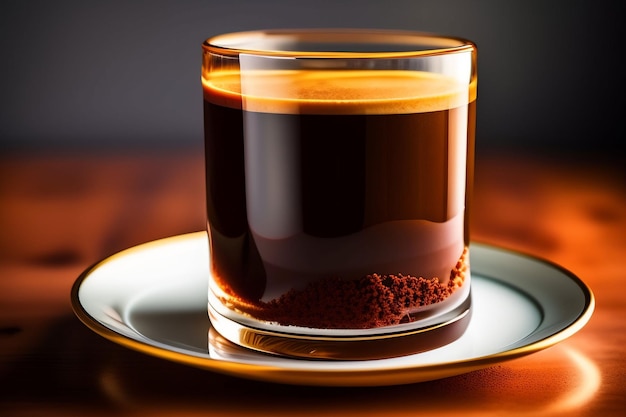 A glass of coffee sits on a plate with a dark background.