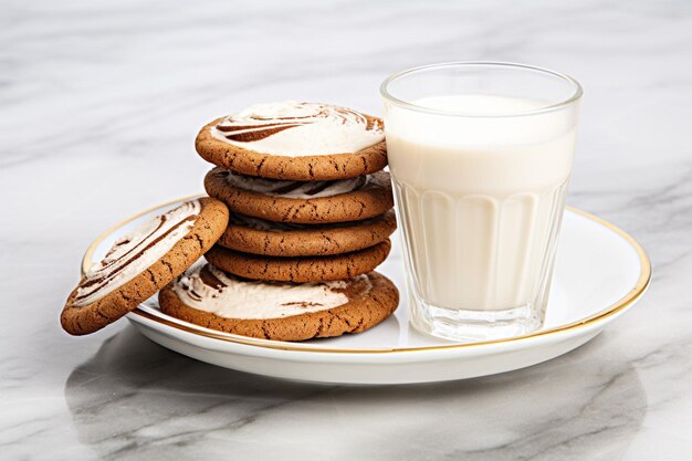 Foto un bicchiere di caffè e una pila di biscotti su un piatto sullo sfondo di marmo