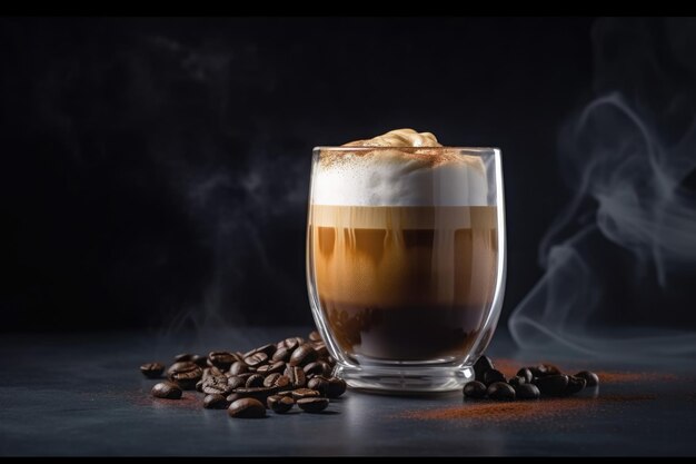 A glass of coffee with a black background and a few coffee beans Generative AI