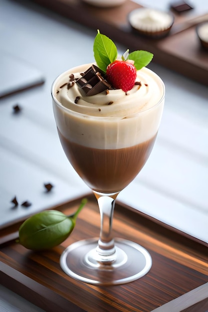 A glass of coffee with a chocolate and raspberry garnish