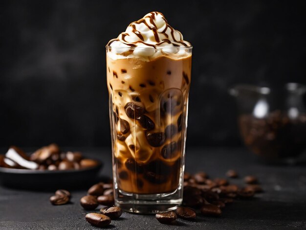 a glass of coffee with coffee beans and coffee beans