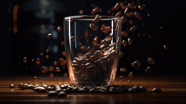 A glass of coffee with coffee beans falling into it