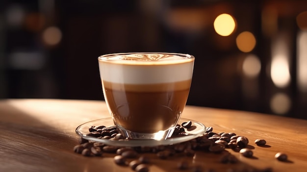 A glass of coffee with a coffee beans on the table