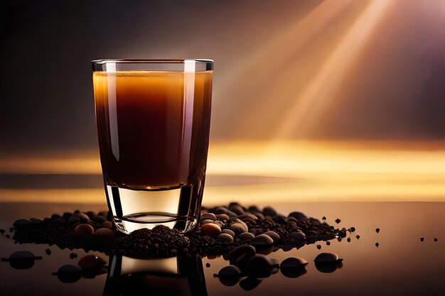 a glass of coffee with coffee beans on a table