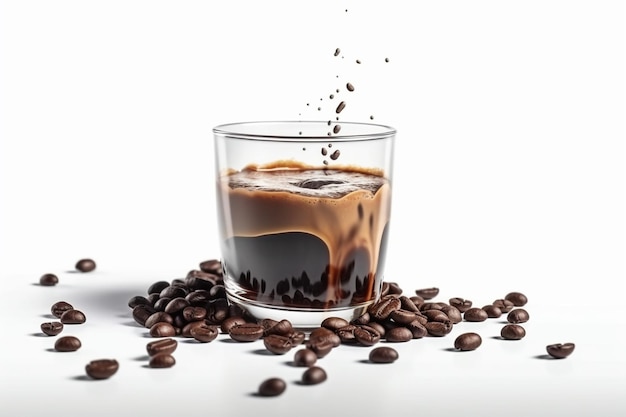 A glass of coffee with coffee beans on the table.