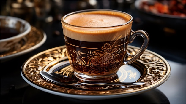 a glass of coffee with cream and coffee beans