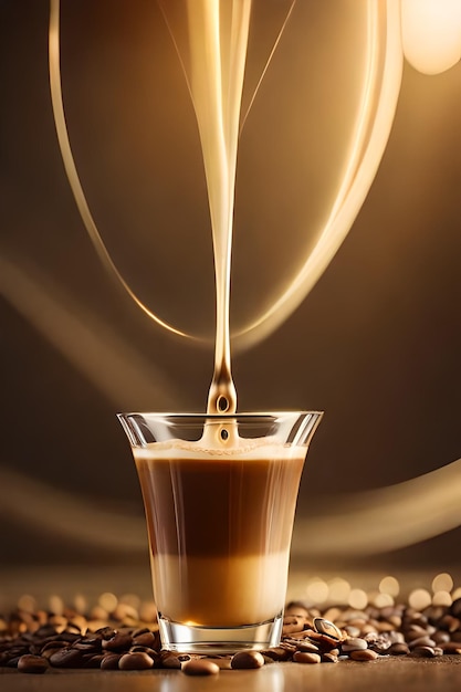 A glass of coffee with a liquid pouring into it