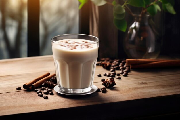 시네몬 과 뿌린 콩 을 넣은 우유 와 함께 한 잔 의 커피 가 시골 의 테이블 에 놓여 있다