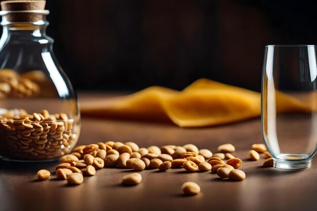 A glass of coffee with nuts on a table and a bottle of coffee.