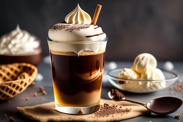 A glass of coffee with whipped cream and a chocolate shell on the top.