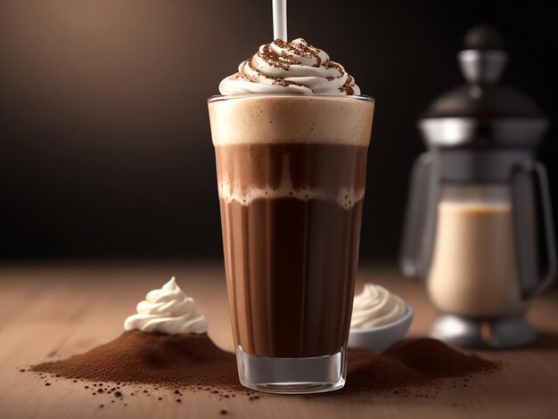 A glass of coffee with whipped cream and a coffee maker in the background.