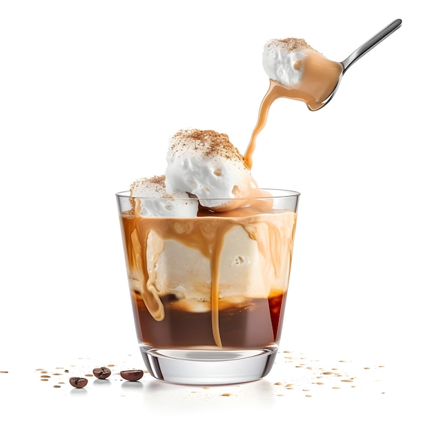 Un bicchiere di caffè con panna montata e un cucchiaio che vi versa dentro.